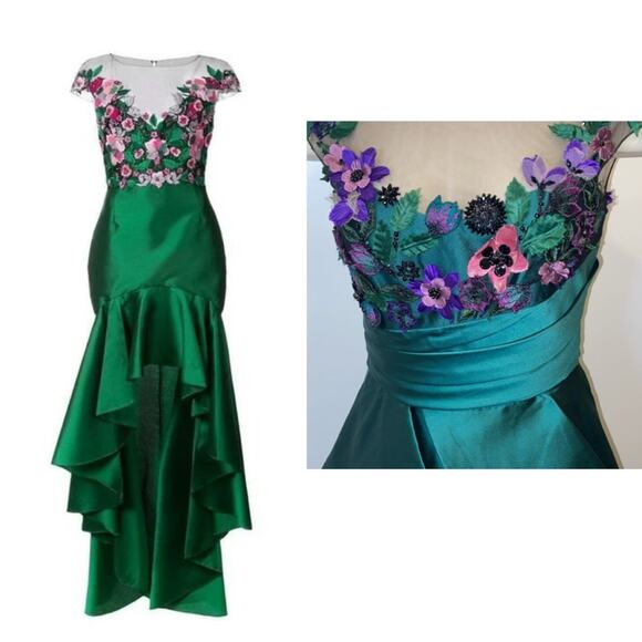 Marchesa notte Silk Embroidered Floral High Low Gown in Green - Picture 2 of 14